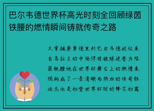 巴尔韦德世界杯高光时刻全回顾绿茵铁腰的燃情瞬间铸就传奇之路